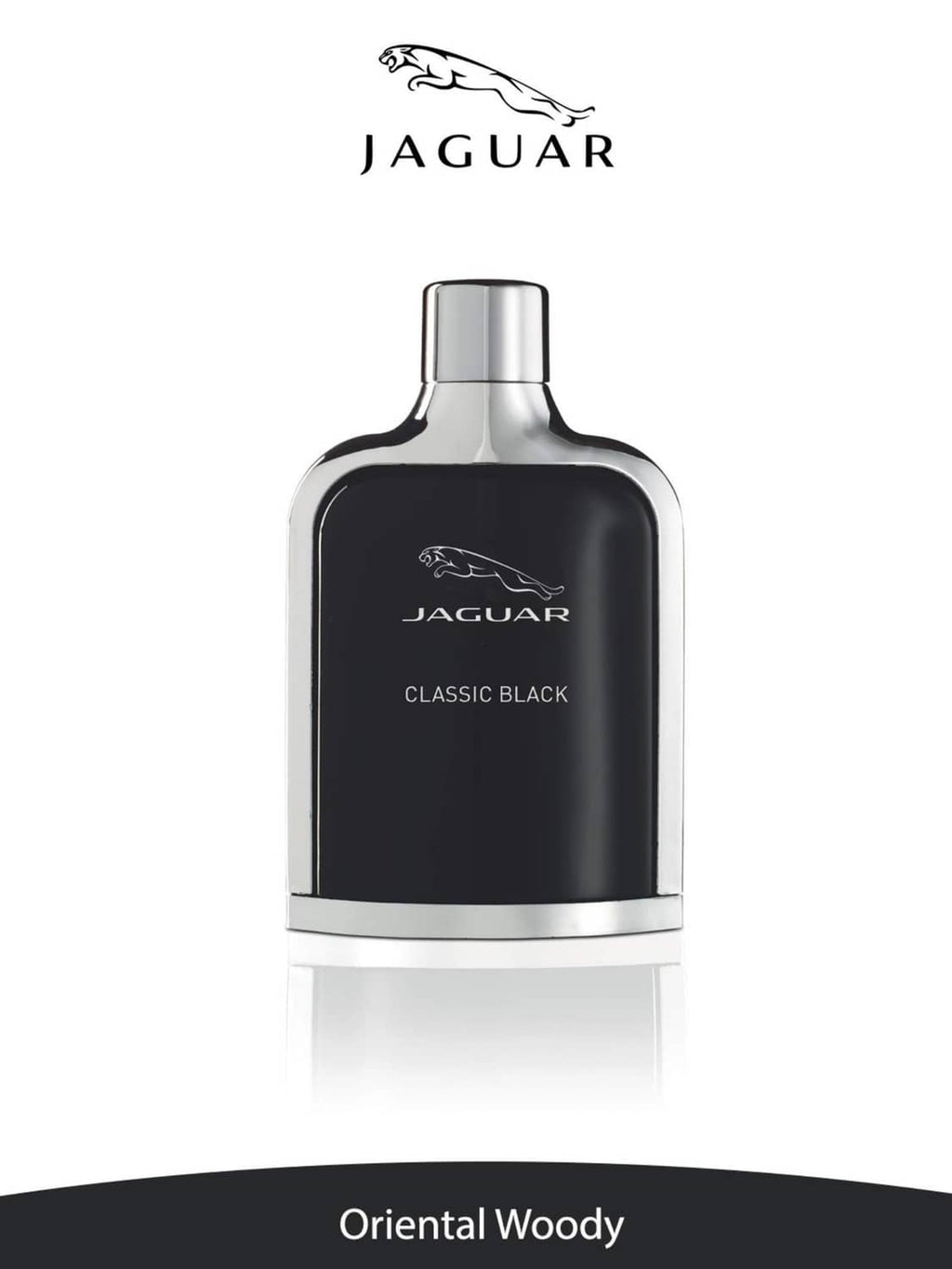 Jaguar fragrance bottle with silver cap, black label reading Classic Black and Oriental Woody