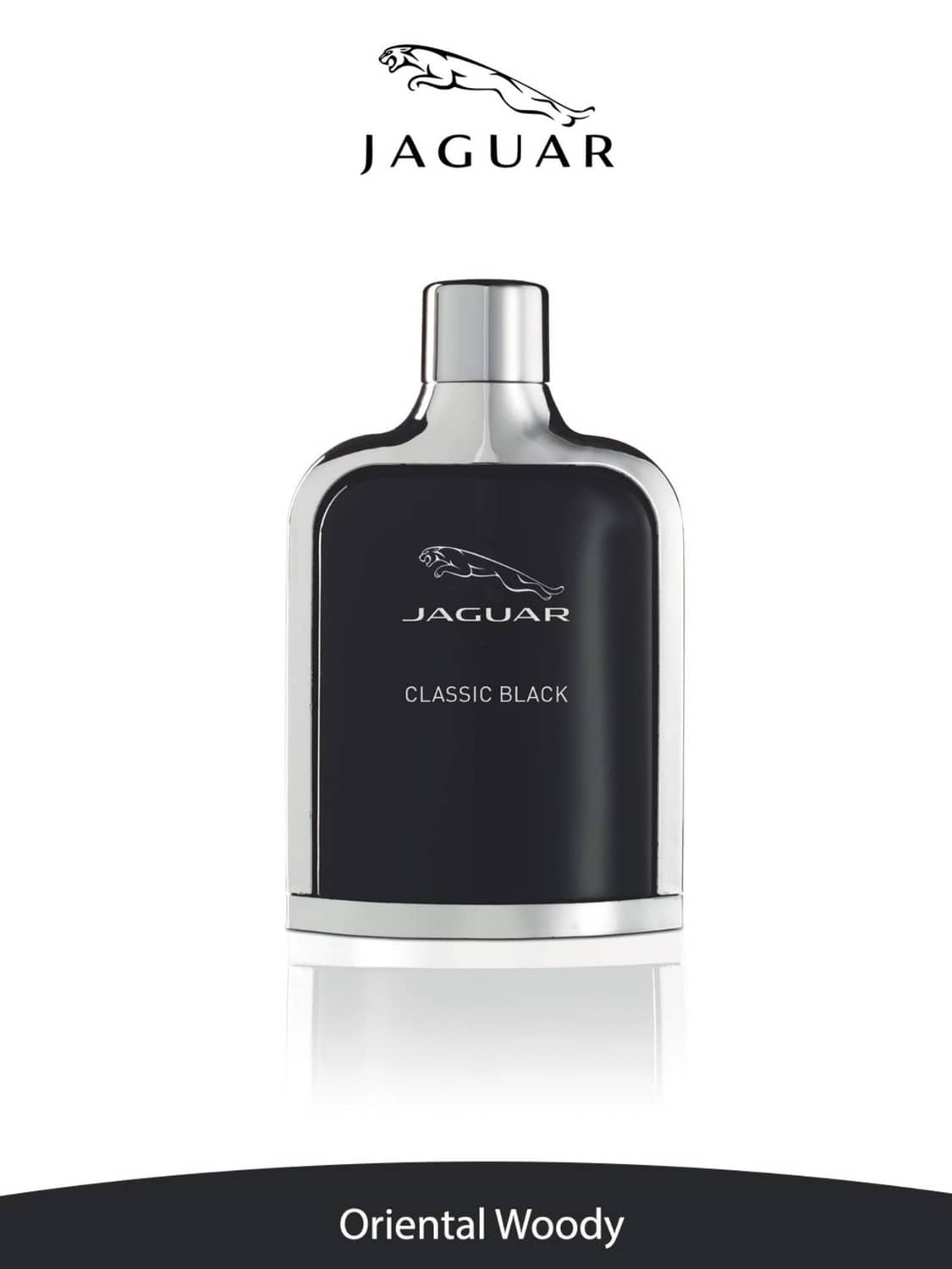 Jaguar fragrance bottle with silver cap, black label reading Classic Black and Oriental Woody