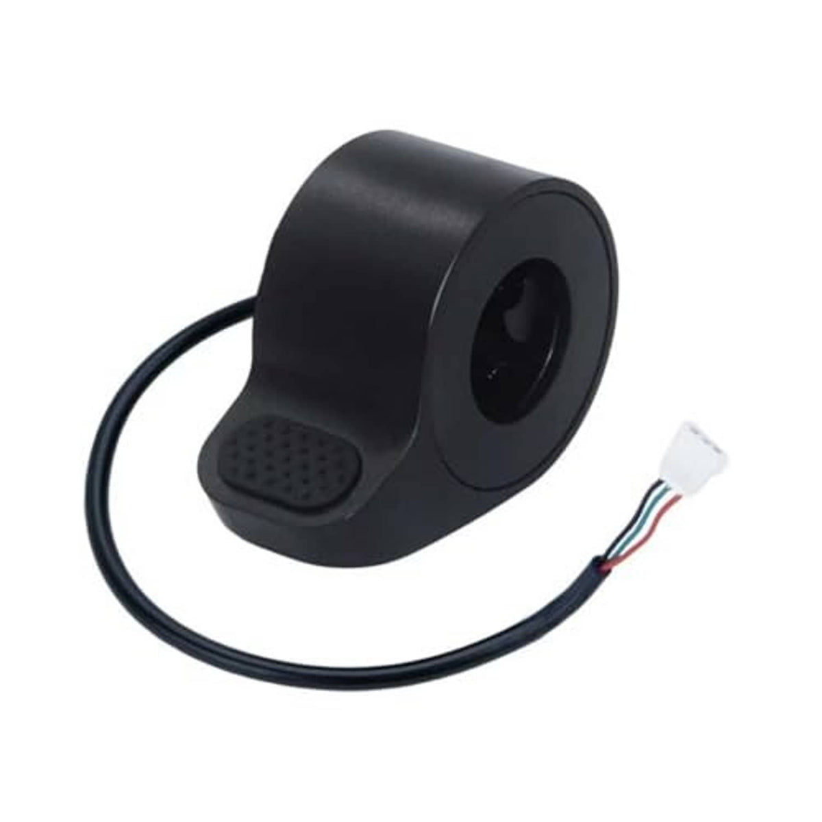 Black thumb throttle control module with ribbed grip pad and wire harness with connector