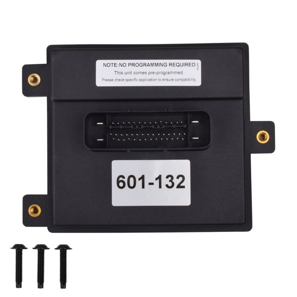 Black fuel pump control module front view with 601-132 label and mounting screws