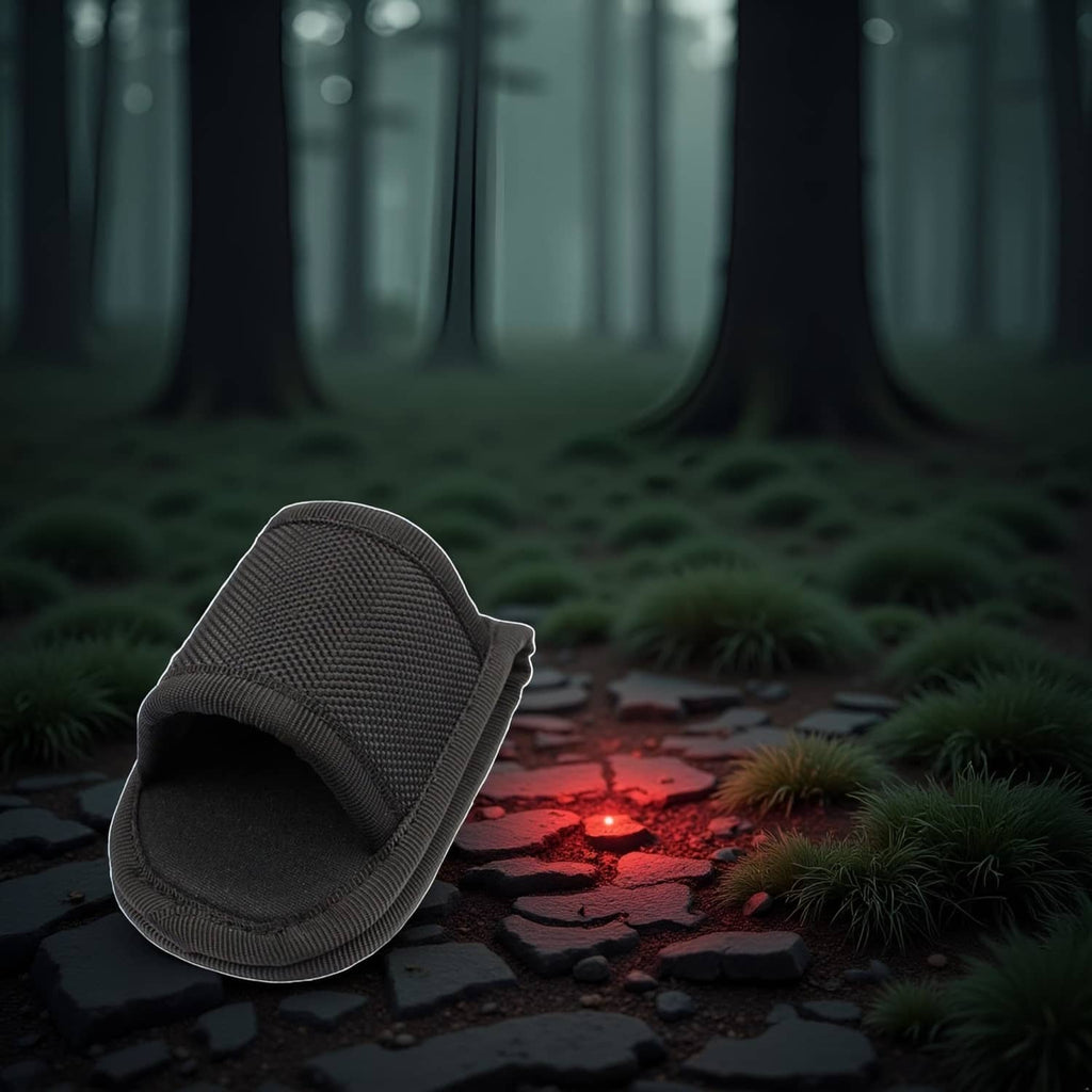 Open-top black flashlight holder pouch resting on ground with red light reflection.