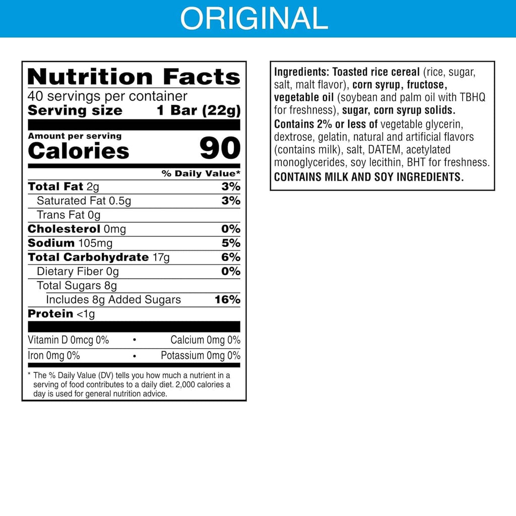 Nutrition Facts label for crispy cereal bar, listing calories, fat, carbs, and protein