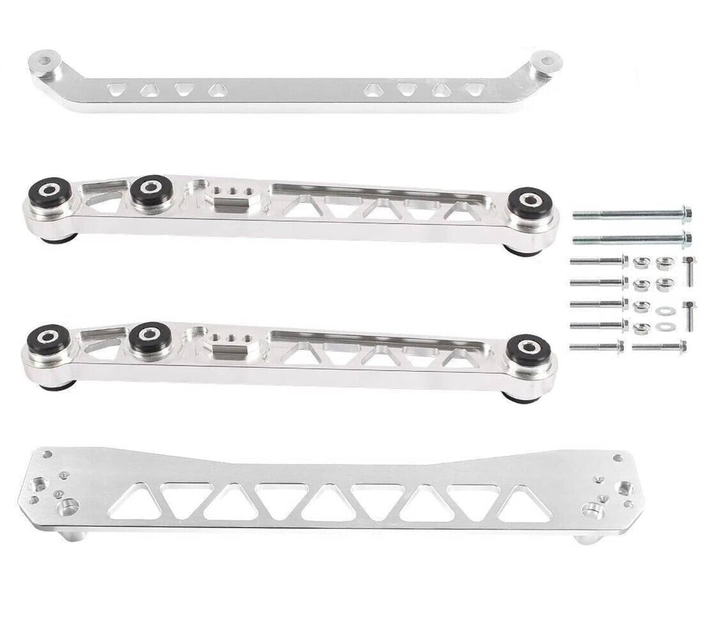 Silver rear subframe brace tie bar set with bushings and bolt kit