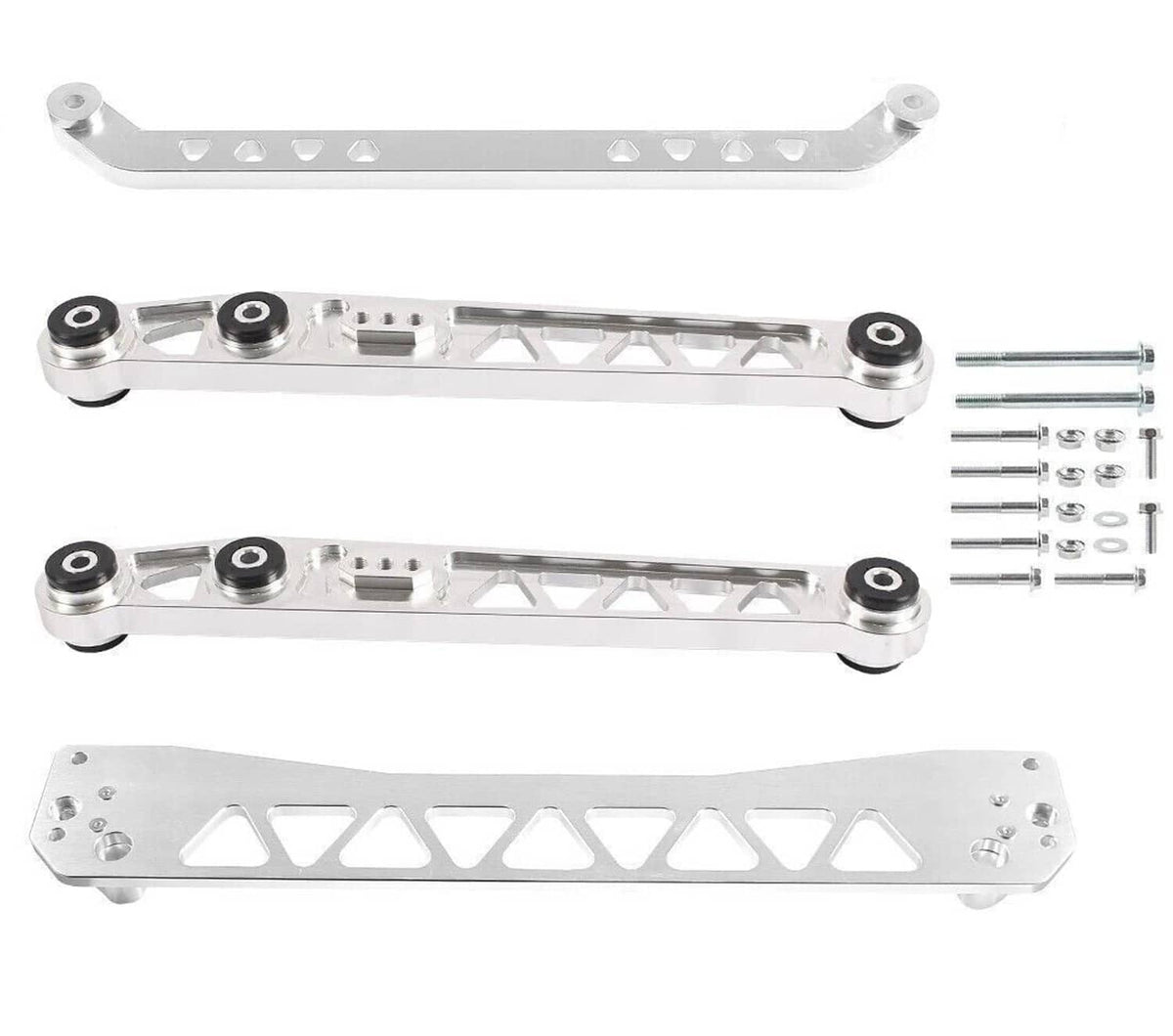 Silver rear subframe brace tie bar set with bushings and bolt kit