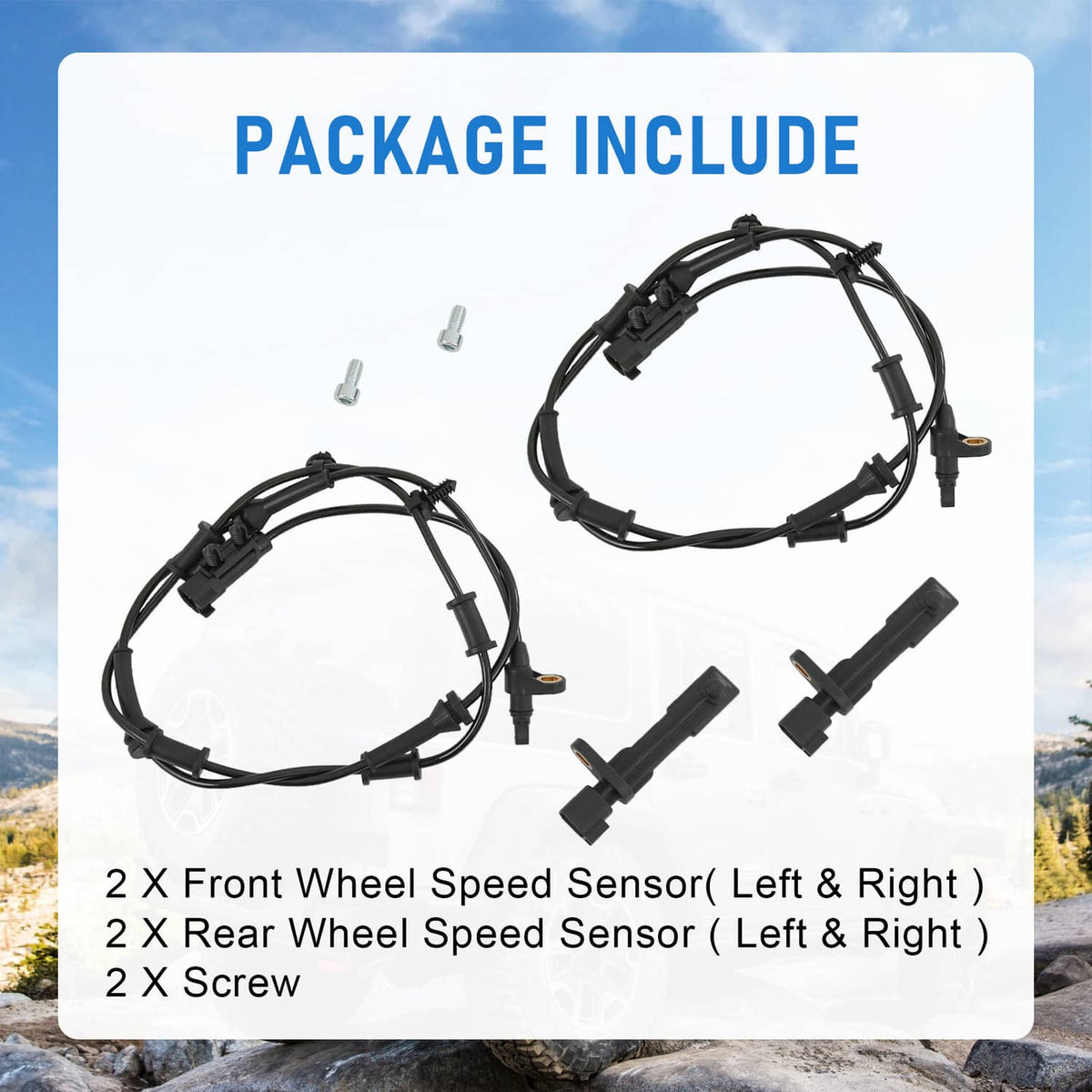 Wheel speed sensor kit with front and rear sensors, cables, and mounting screws