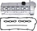 Aluminum valve cover kit with black oil cap, gaskets, and mounting hardware set