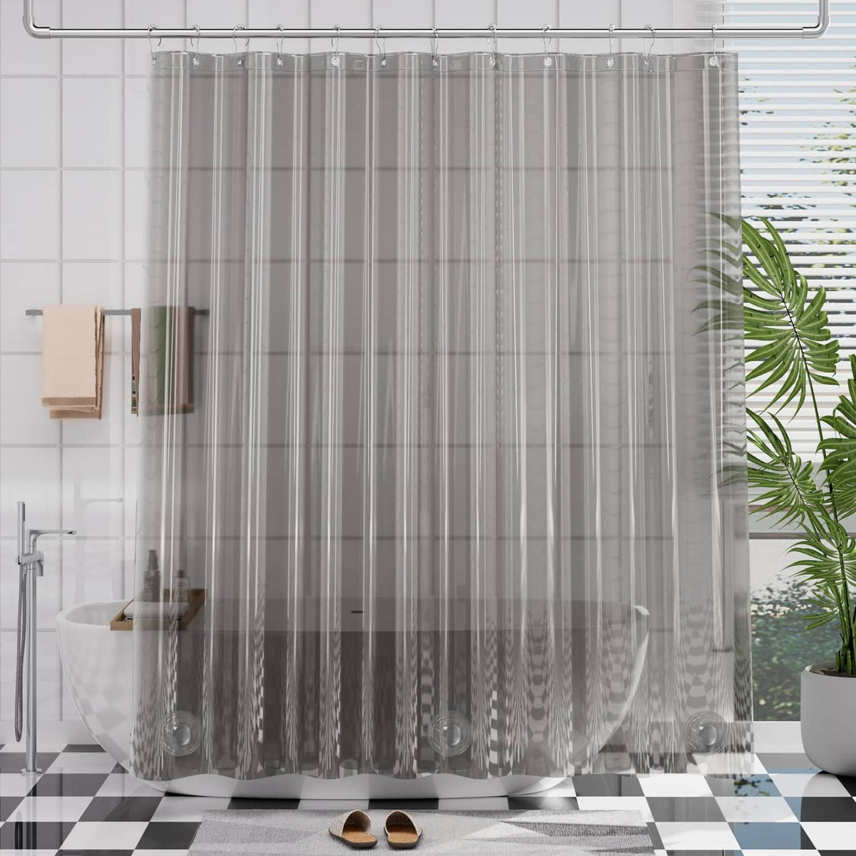 Grey EVA shower curtain with hook-ring top and clear vertical textured panels