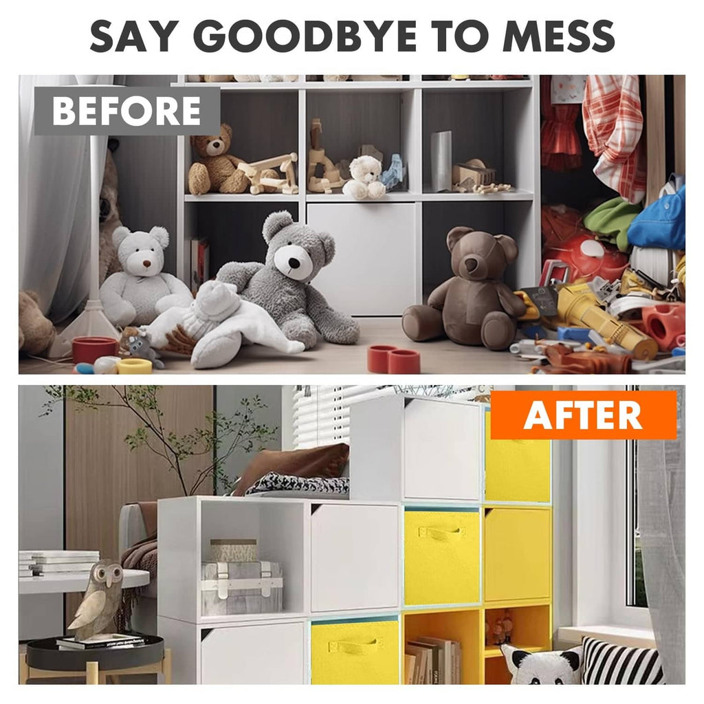 Yellow fabric storage bins with handles arranged to organize stuffed toys.