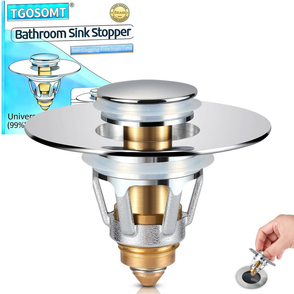 Chrome bathroom sink drain stopper with 2-in-1 anti-clog strainer, pop-up cover