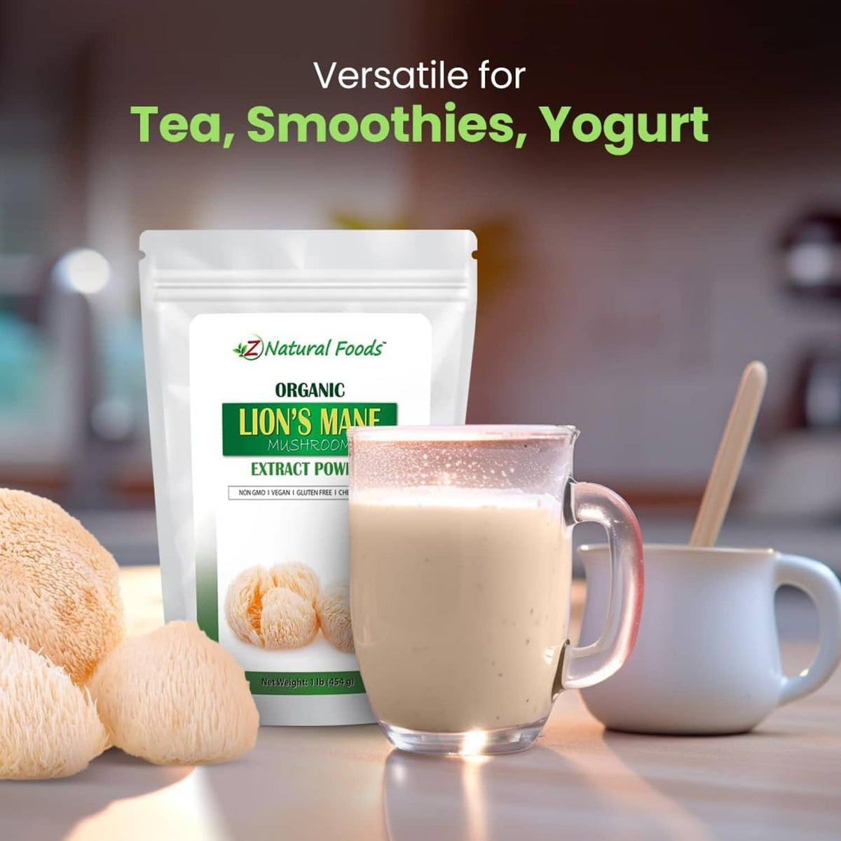 Z Natural Foods organic lion's mane extract powder pouch beside a cup of powder drink