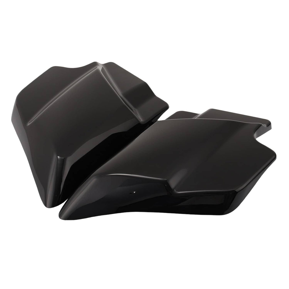 Harley touring side cover panels, glossy black, pair shown from rear-right angle