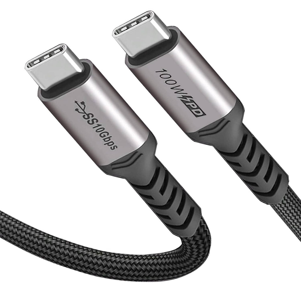 Two USB-C to USB-C cable connectors, silver housings with black strain relief and braided cord