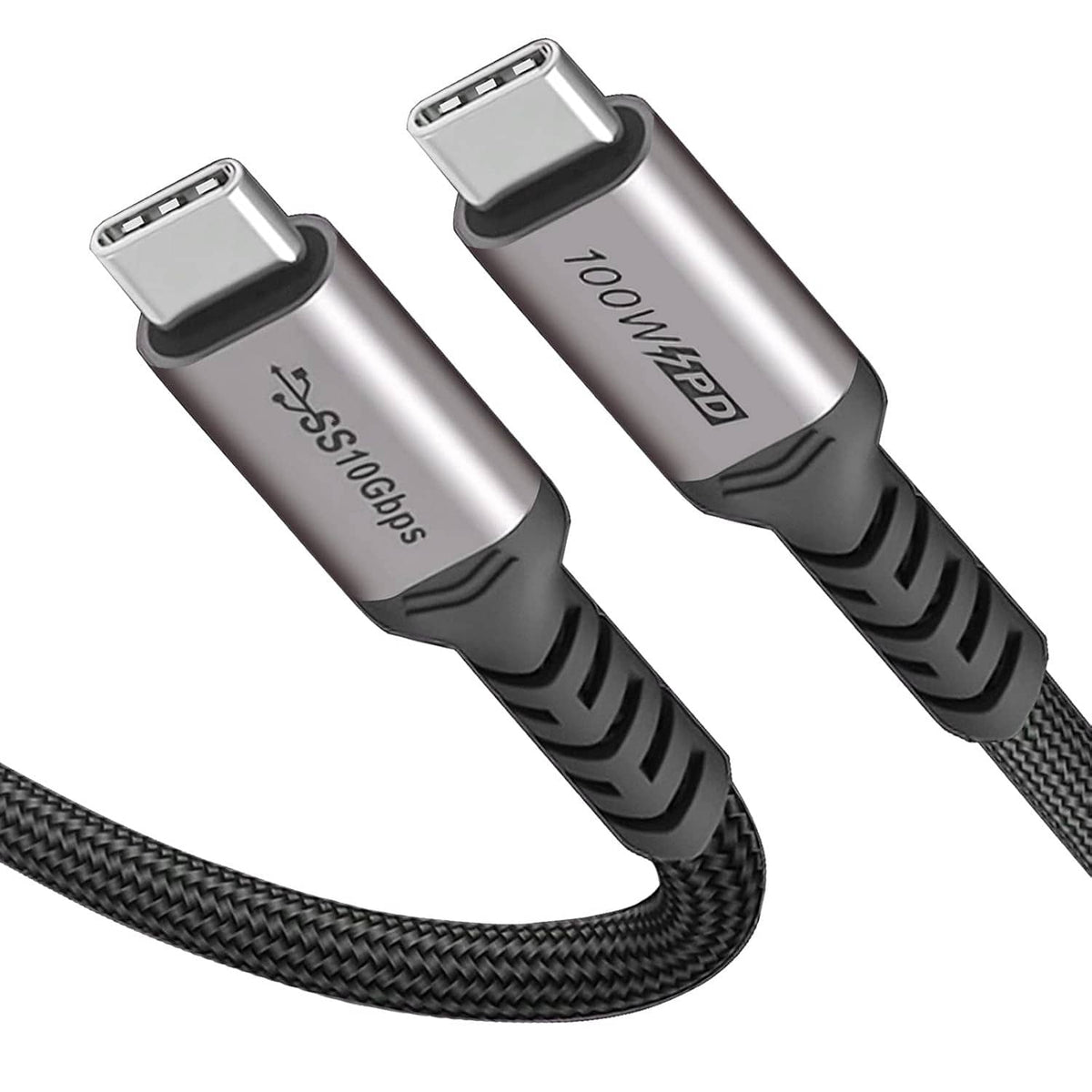 Two USB-C to USB-C cable connectors, silver housings with black strain relief and braided cord