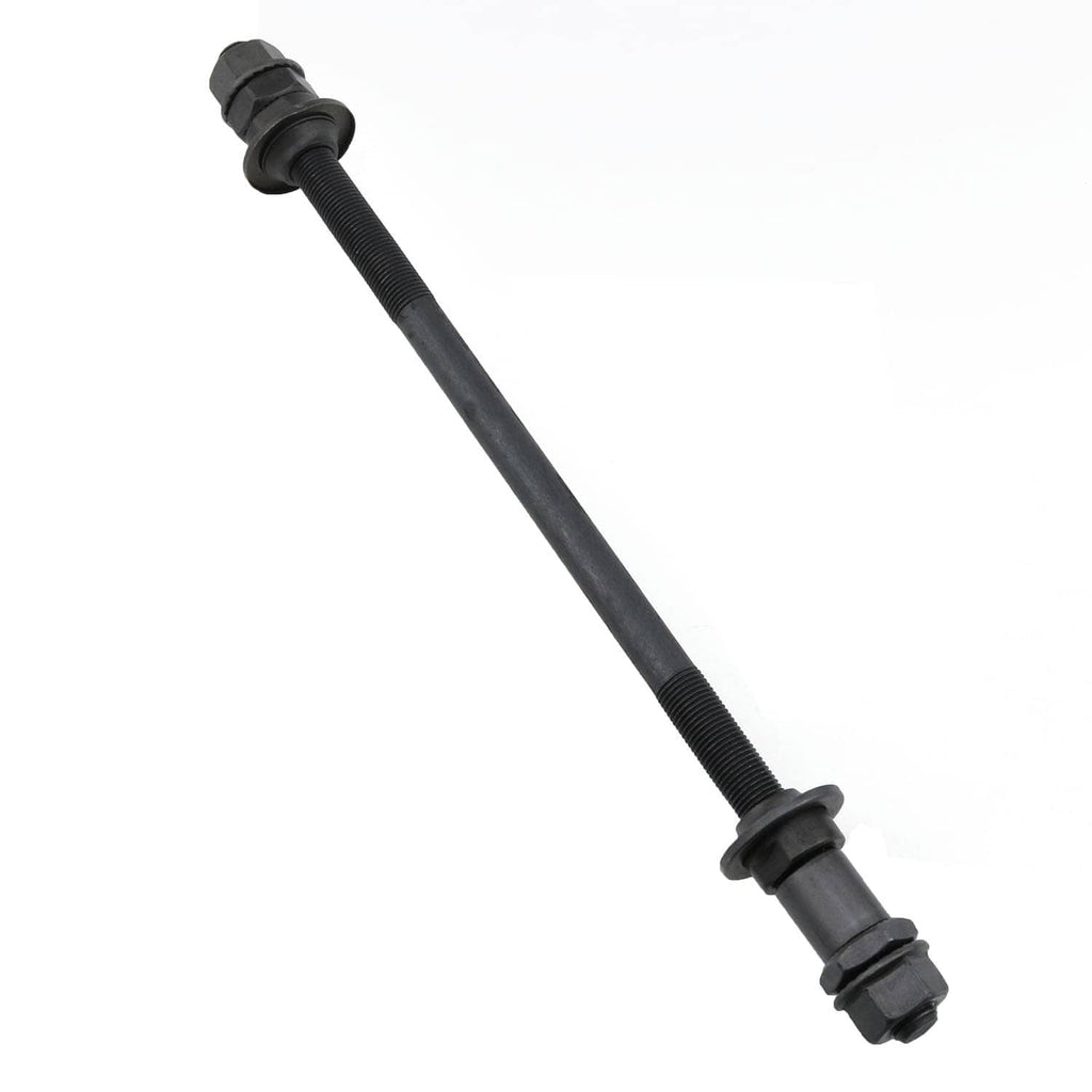 Black bike rear hub axle rod with threaded ends and mounting caps