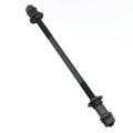 Black bike rear hub axle rod with threaded ends and mounting caps