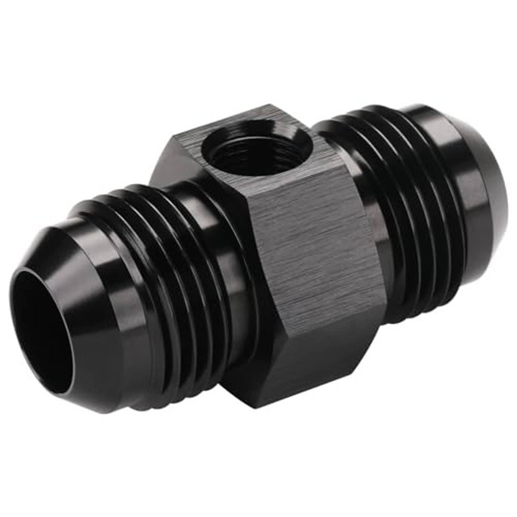 Black 10AN flare fuel adapter fitting with hex center section and threaded ends