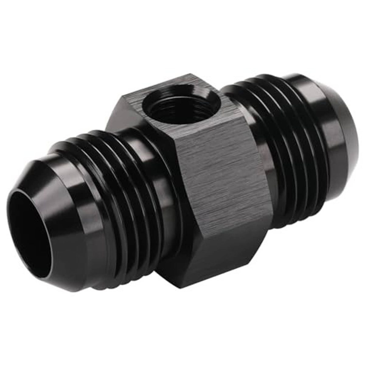 Black 10AN flare fuel adapter fitting with hex center section and threaded ends