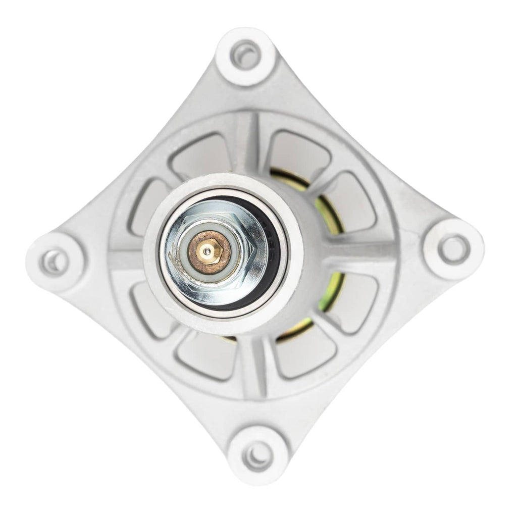 Metal spindle assembly with central bearing and square mounting plate, four holes