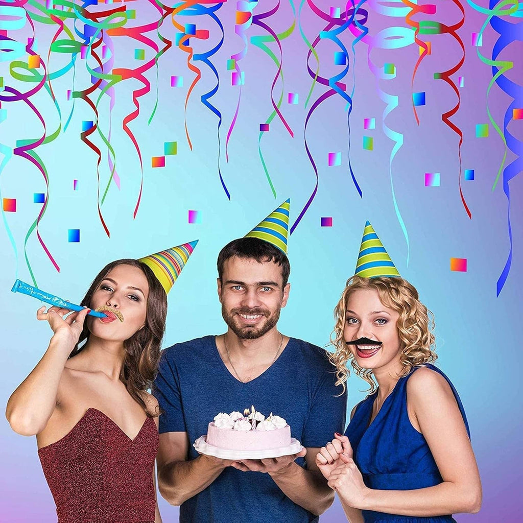 Costumed party group with fake mustaches and colorful hats