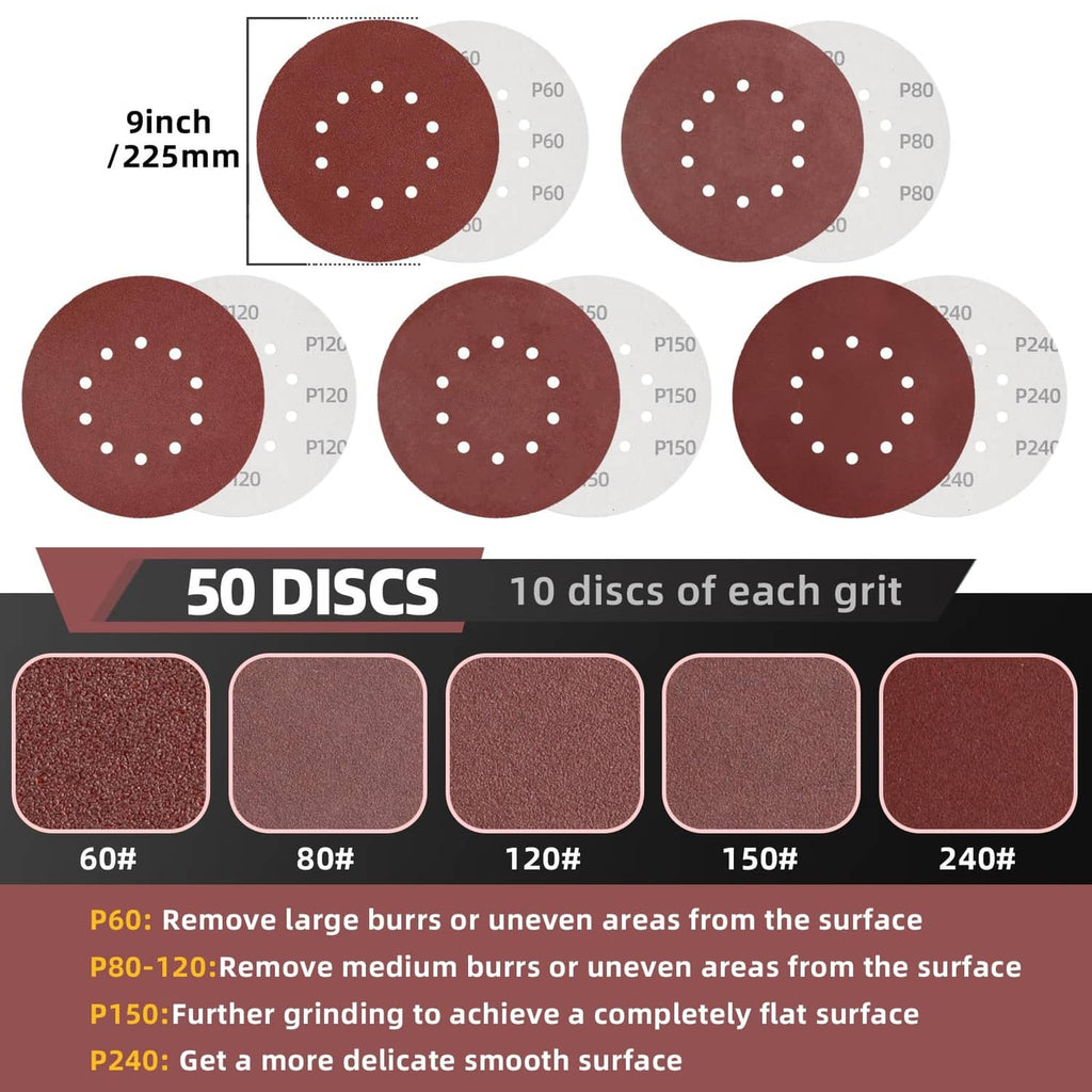 Assorted maroon sanding discs with 10 holes, shown over light backing discs