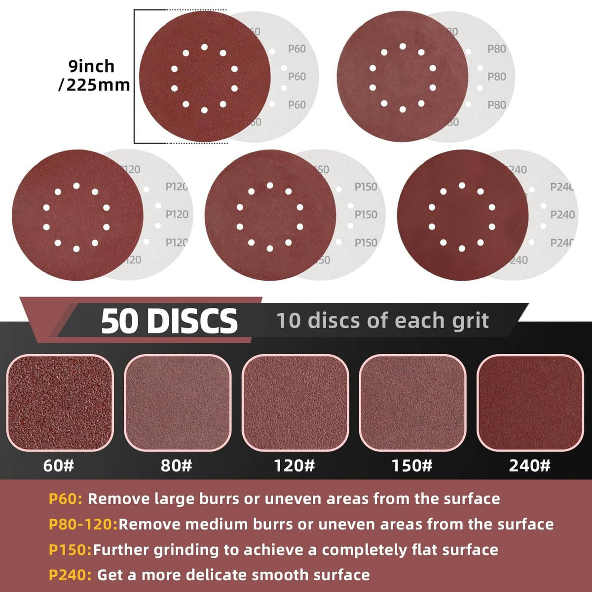 Assorted maroon sanding discs with 10 holes, shown over light backing discs