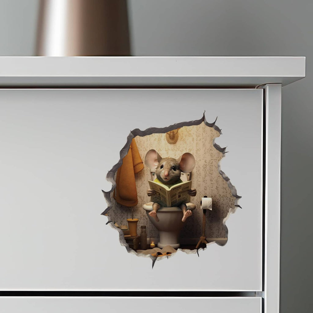 Mouse in toilet-hole decal sticker on inside cabinet drawer wall with gray torn edges