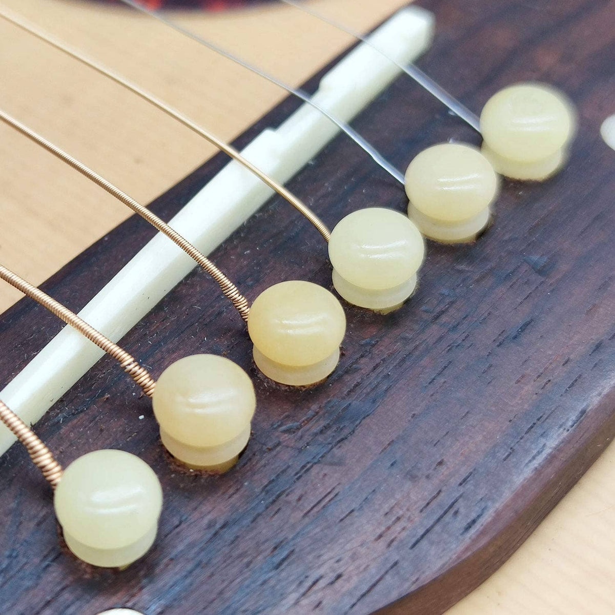 Acoustic guitar bridge pins with round bone-colored heads on bridge