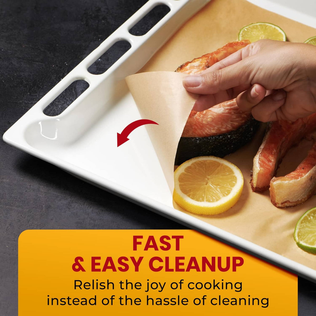 Natural brown parchment paper sheet on a baking tray with sliced citrus and food
