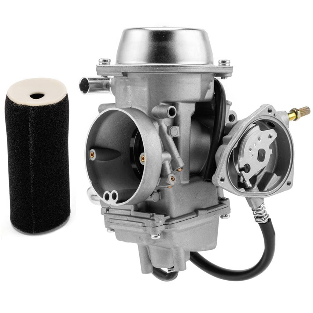 Carburetor assembly side view with foam air filter and mounting flange