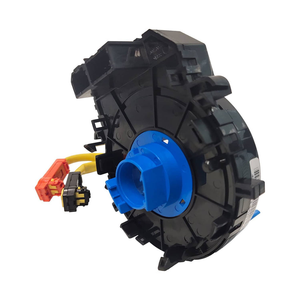 Clock spring spiral cable with blue center hub and yellow leads