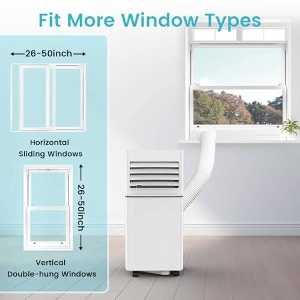 Portable air conditioner placed by a window with connected exhaust hose