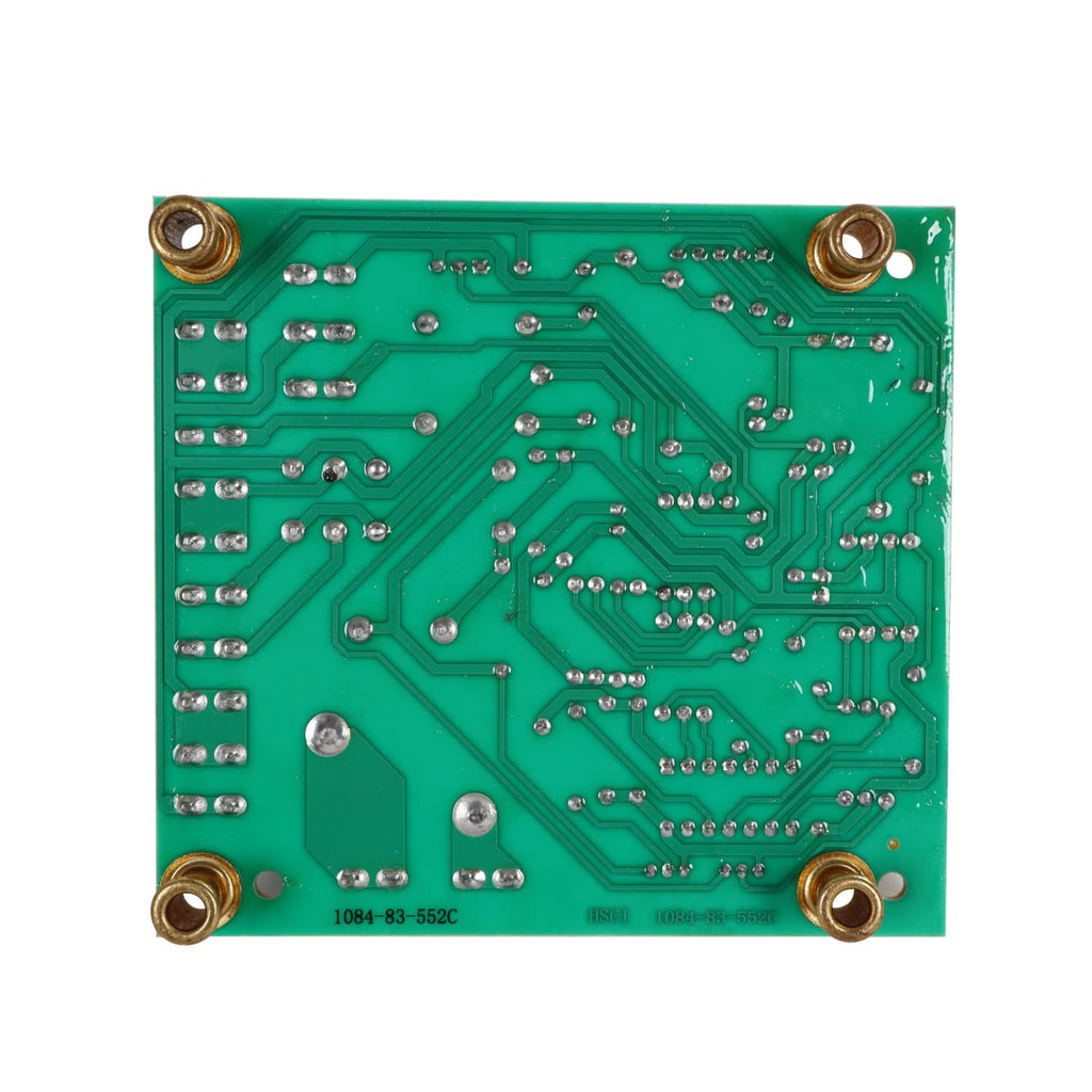 Back of control board PCB with green solder mask and copper traces
