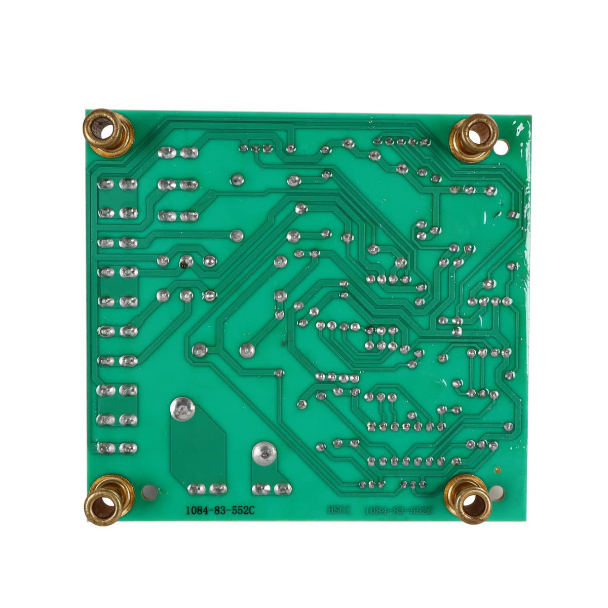 Back of control board PCB with green solder mask and copper traces