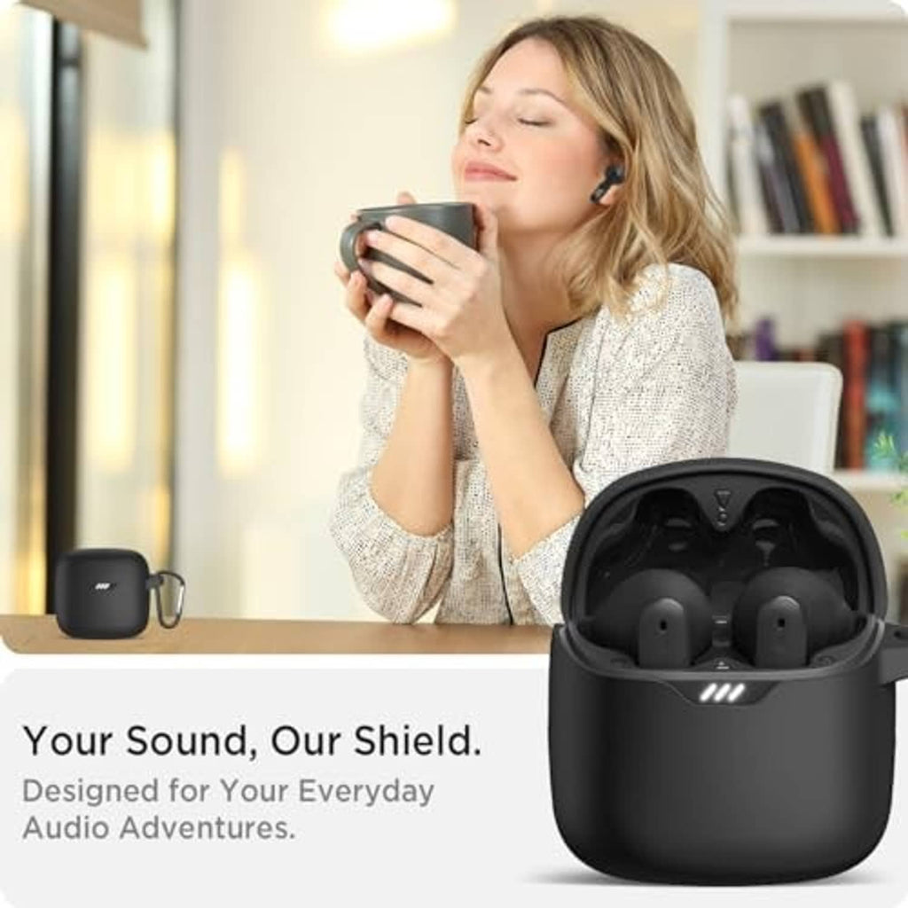 Black wireless earbuds case with carabiner, earbuds visible inside