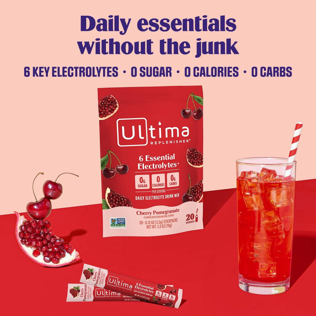 Cherry pomegranate electrolyte drink mix pouch with stickpacks and glass drink