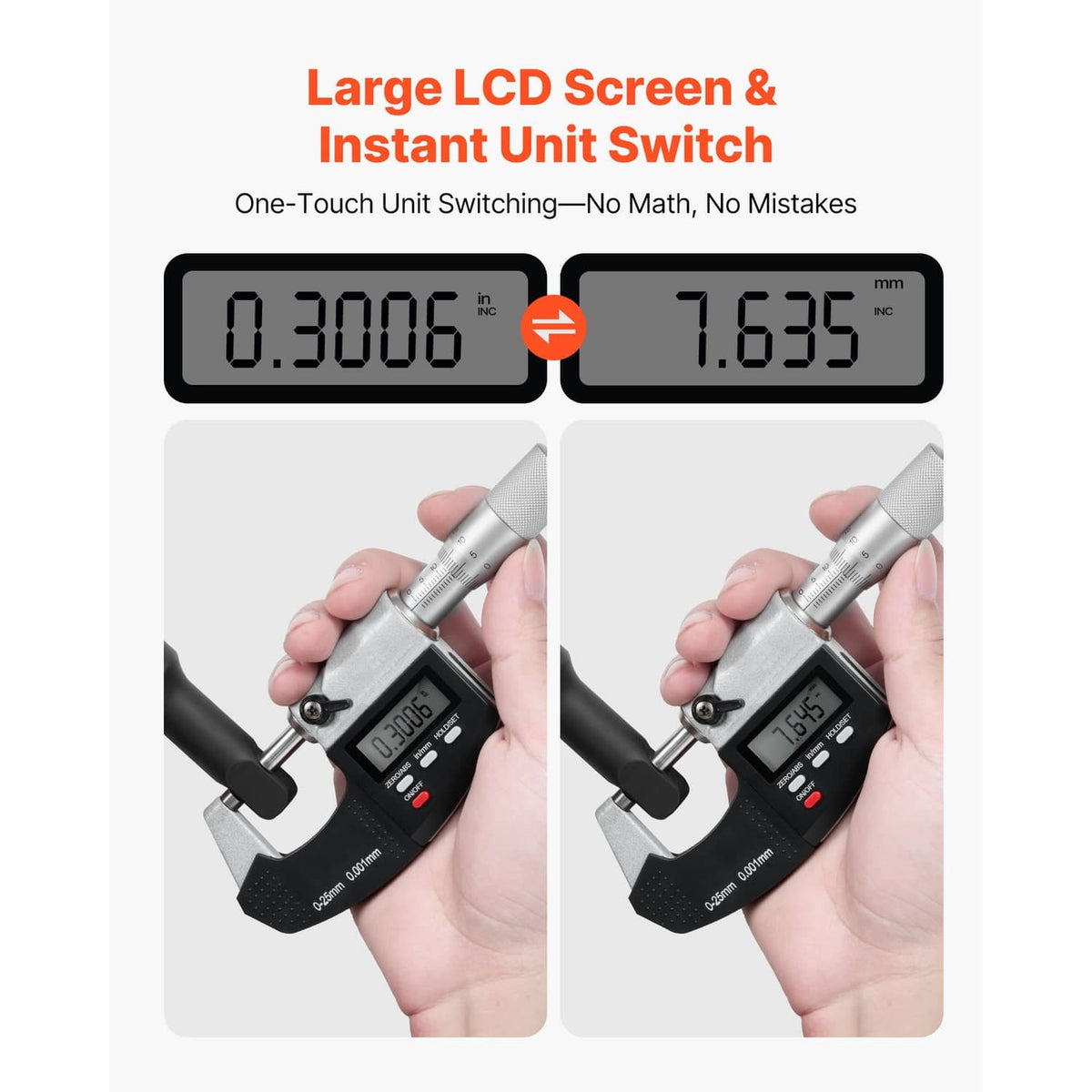Digital micrometer with large LCD digits on the measuring head