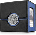 Black deck box with blue sides, metal dragon emblem, and card display window