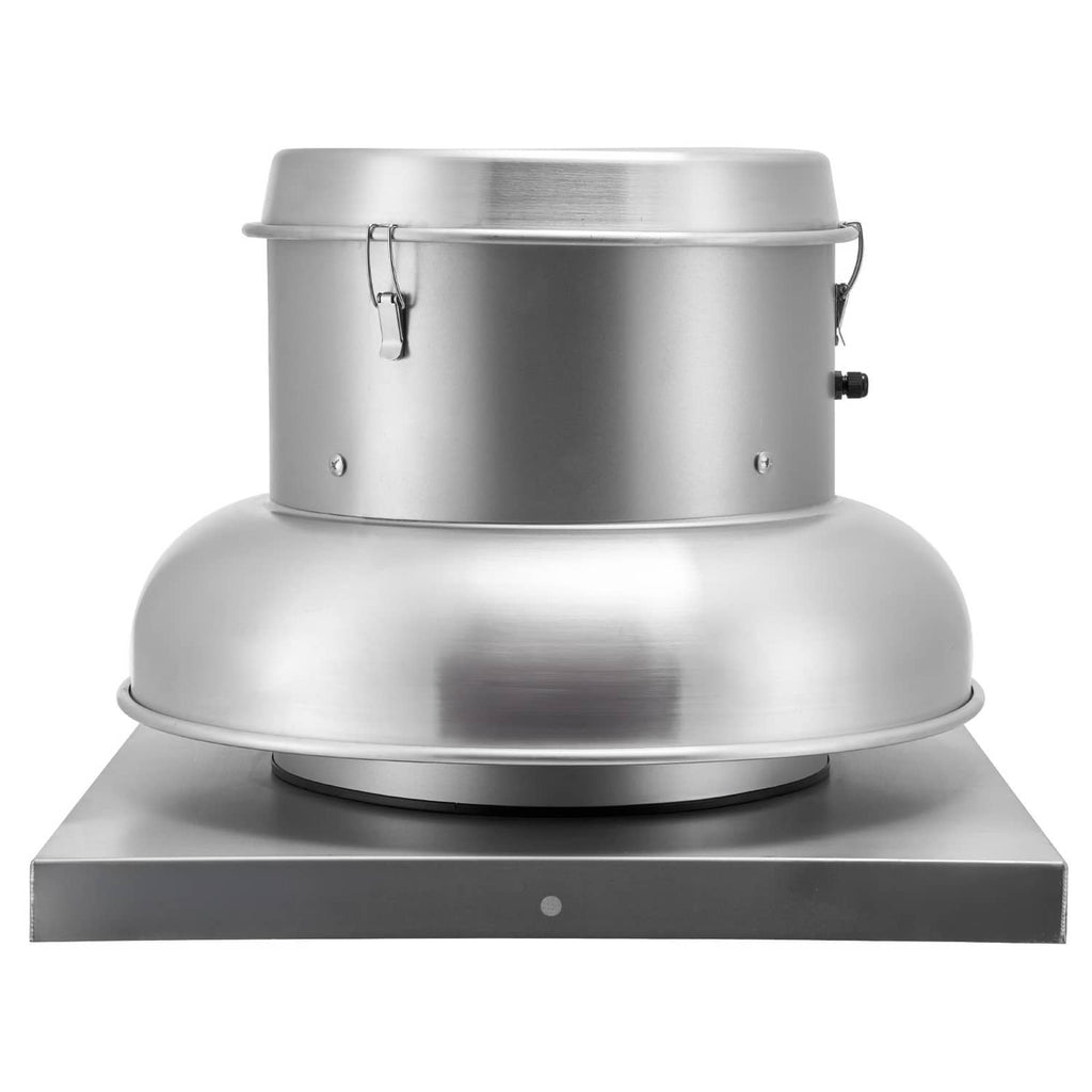Stainless steel down-blast exhaust fan with circular housing and mounting base.