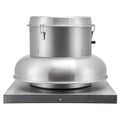Stainless steel down-blast exhaust fan with circular housing and mounting base.