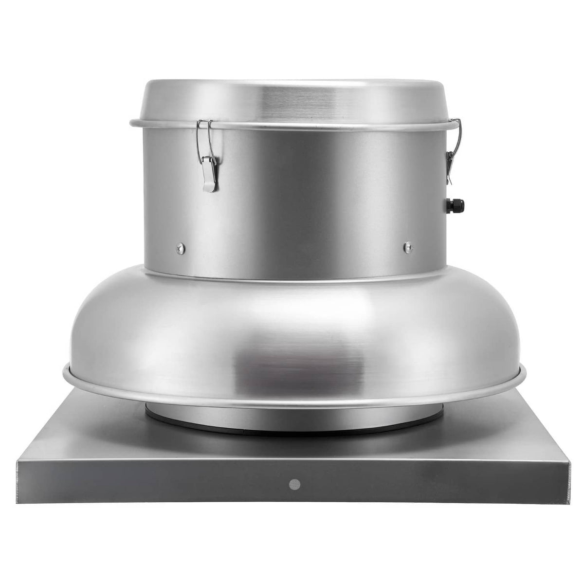 Stainless steel down-blast exhaust fan with circular housing and mounting base.