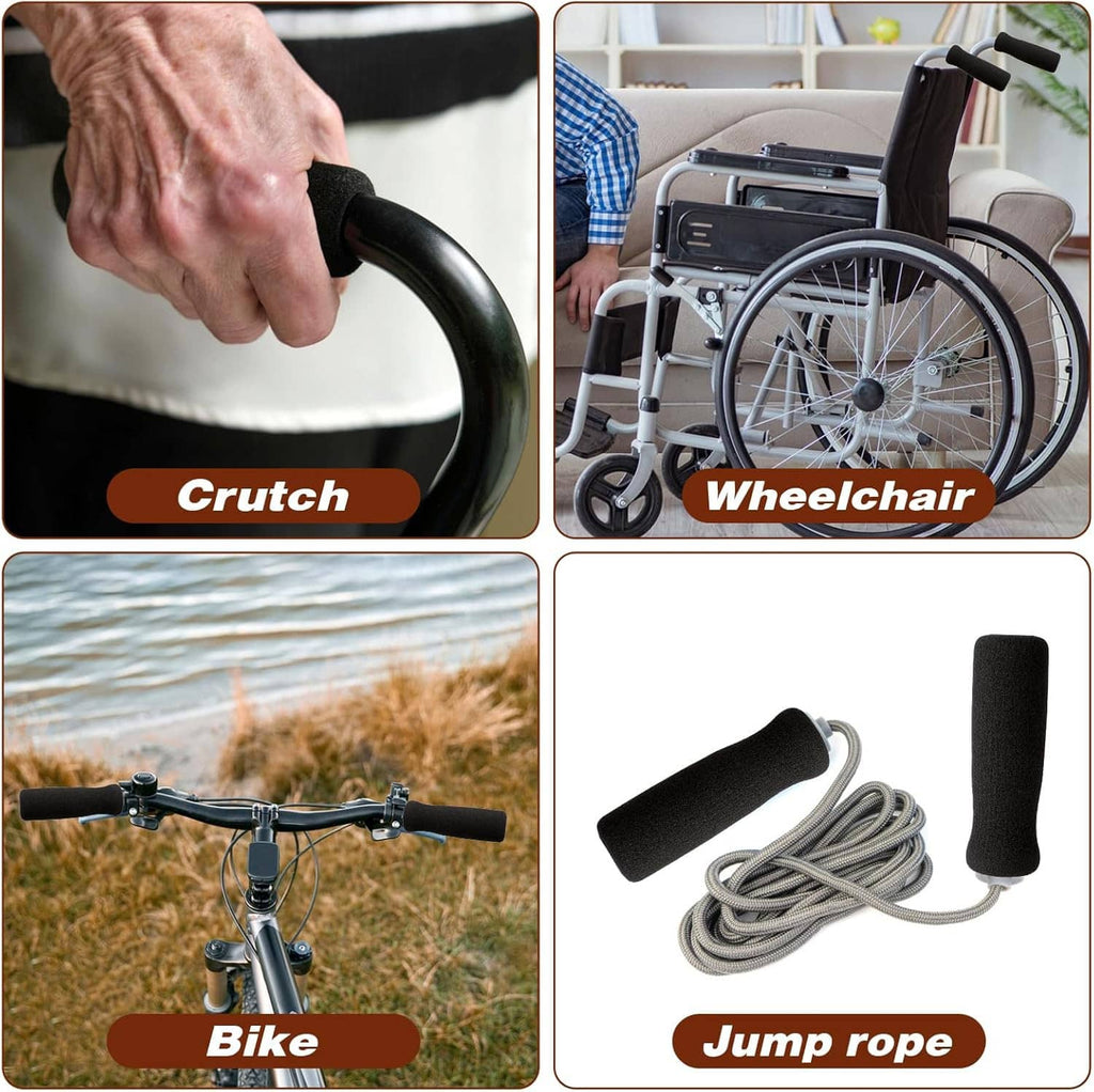 Black foam grip sleeves, 4-pack shown for cane, wheelchair, bike and jump rope