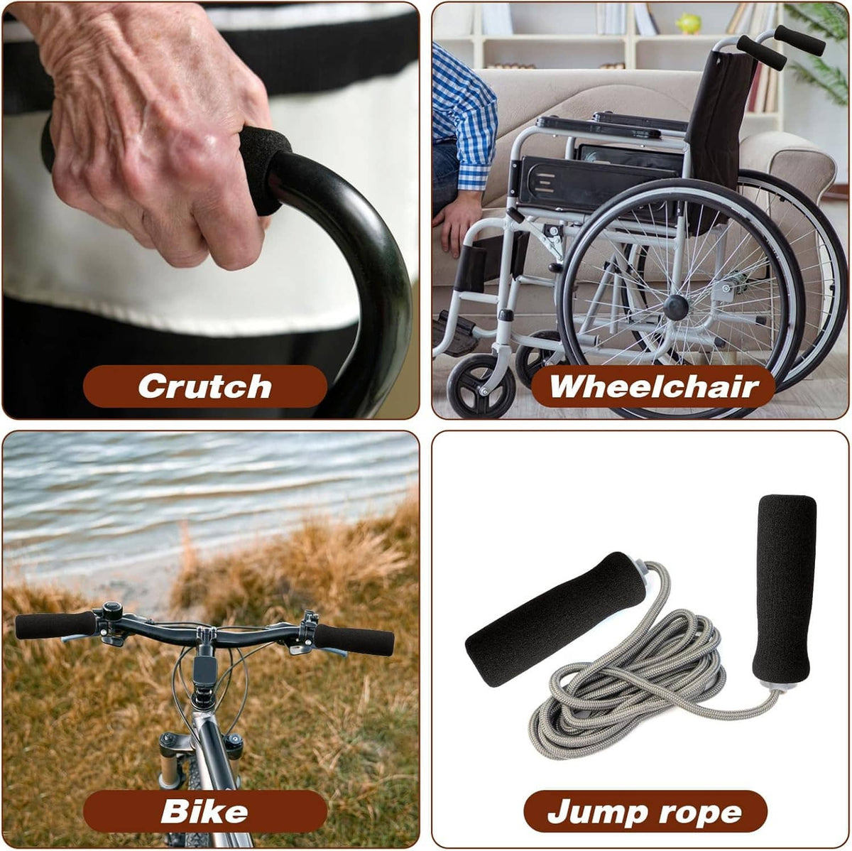 Black foam grip sleeves, 4-pack shown for cane, wheelchair, bike and jump rope
