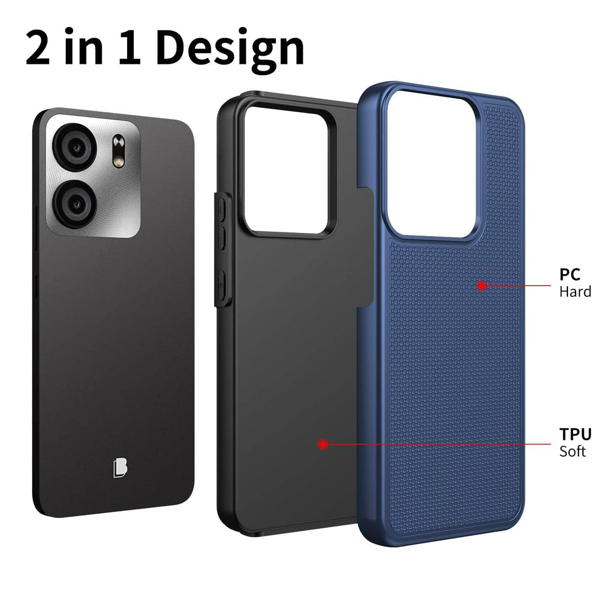 Blue and black 2-piece phone case set with camera cutout and frame buttons, slim fit