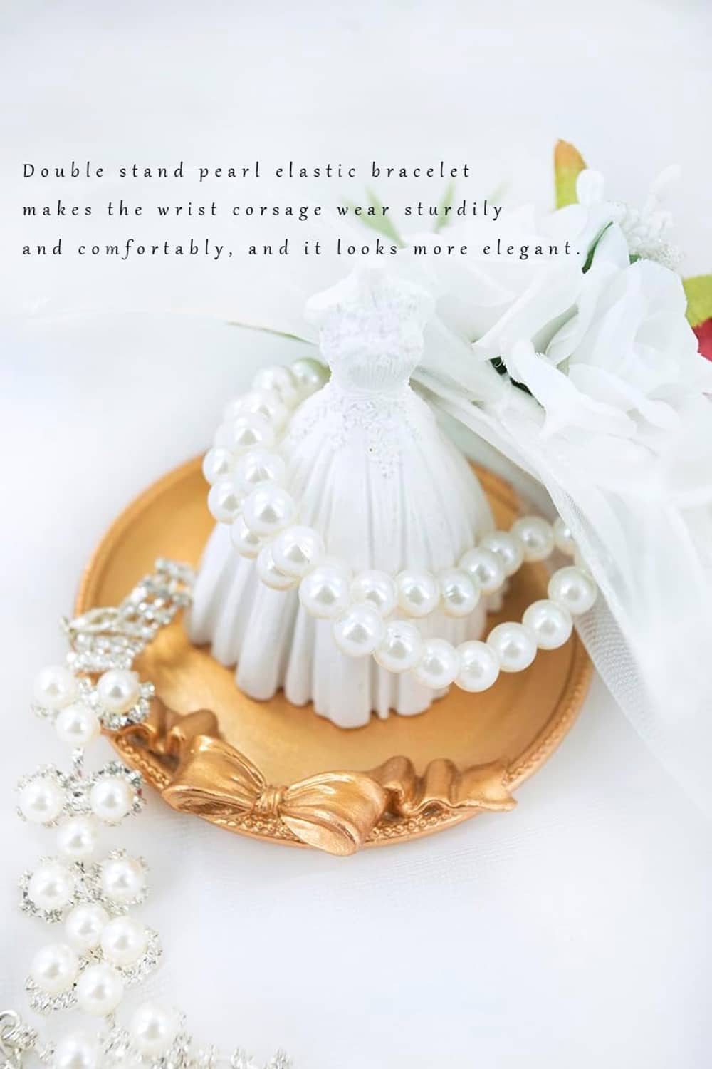 Wrist corsage with white flower rosettes, burgundy rose accent, double faux pearl bracelet, gold trim