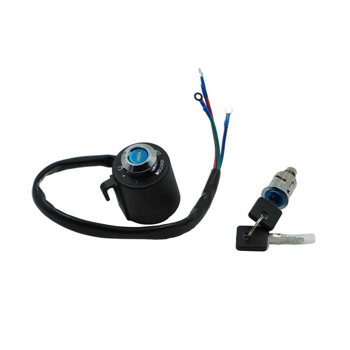 Ignition switch lock set with black switch, blue cylinder, wiring harness, and keys