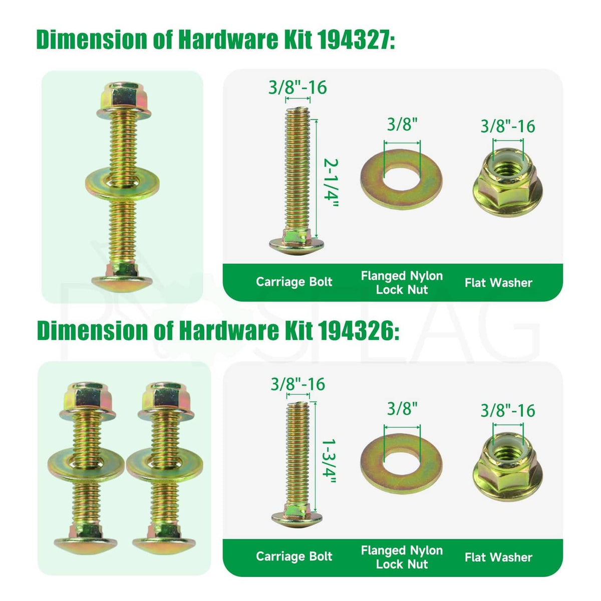 Metal hardware kit for idler pulleys: bolts, washers, and lock nuts