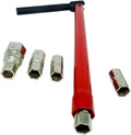 Red plumber back nut wrench with interchangeable 8–13 mm hex sockets