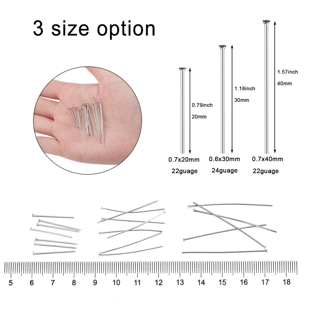 Assorted silver head pins with flat ends in three lengths, 22gauge and 24gauge