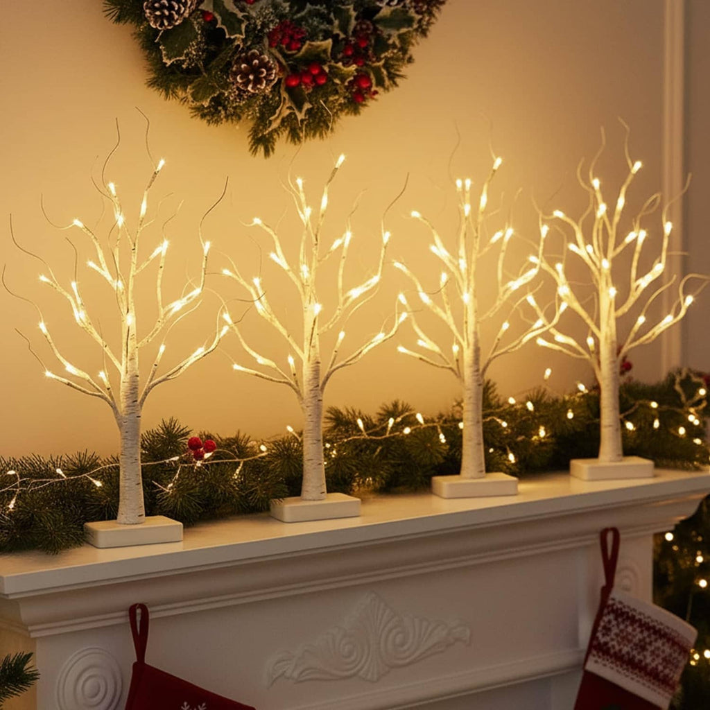 Lighted white birch LED tree with warm white lights on square base