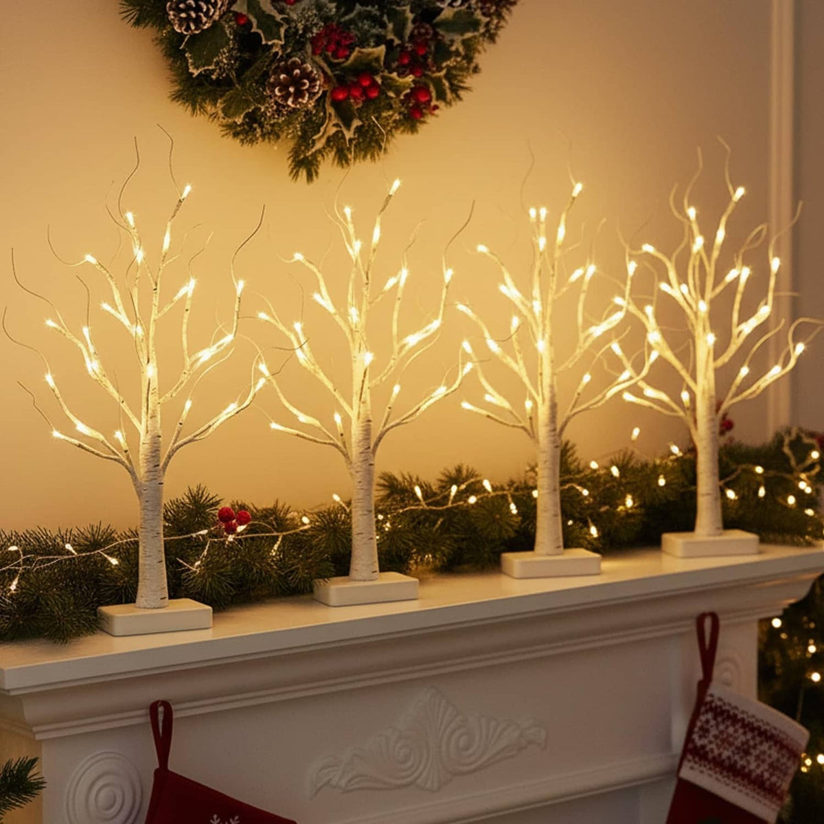 Lighted white birch LED tree with warm white lights on square base